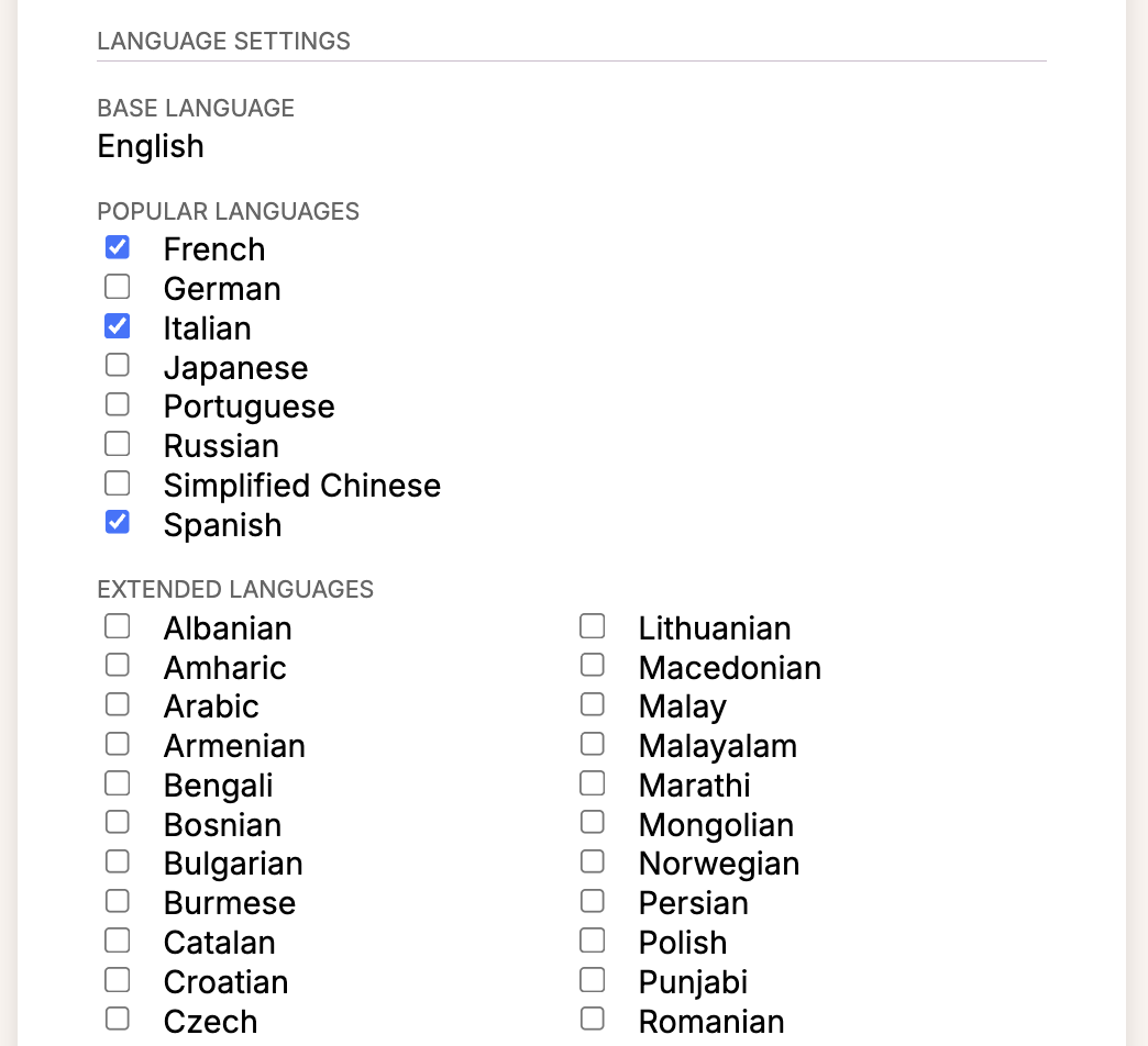 Language settings showing a list of languages