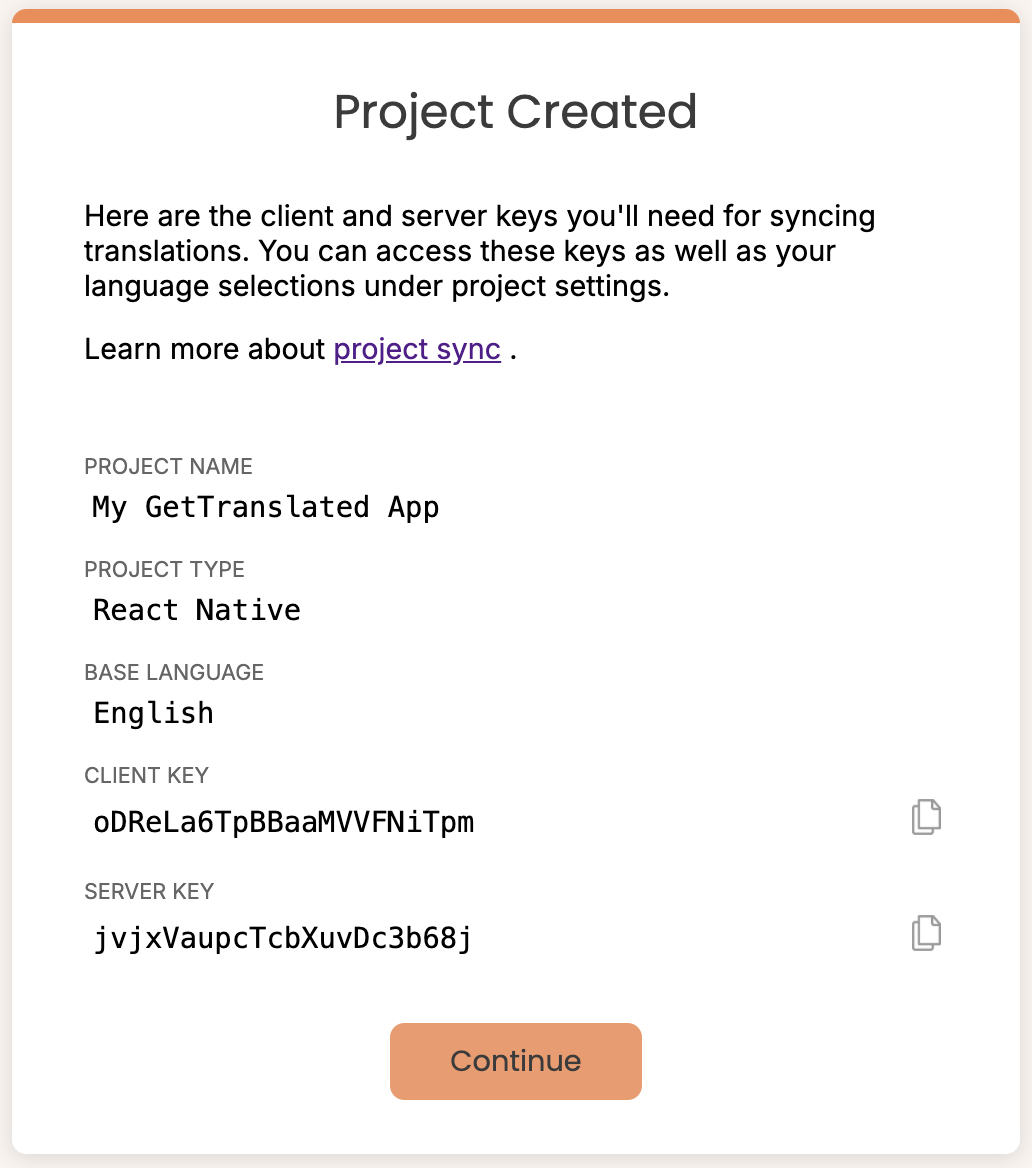 Project created successfully showing API keys